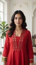 Women Red Mirror Cotton Kurta Pant Dupatta