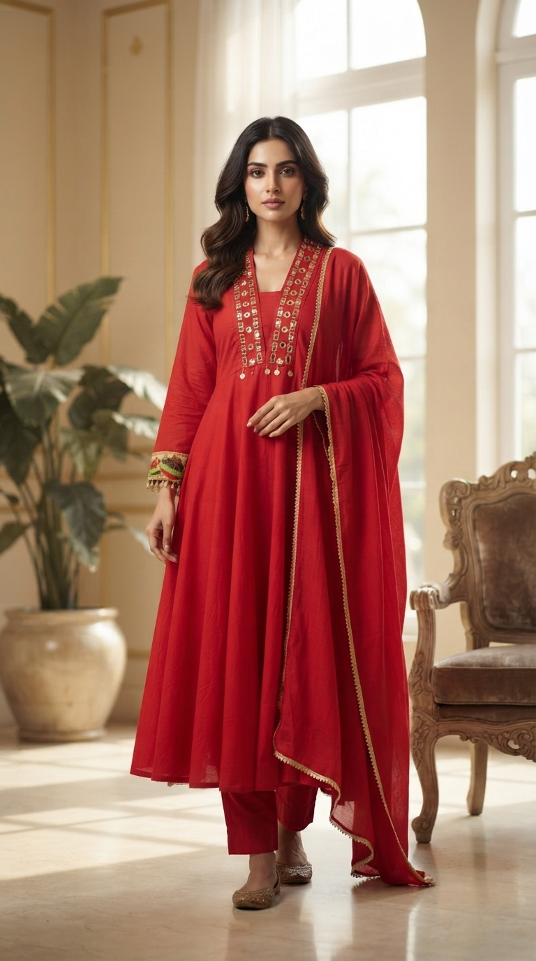 Women Red Mirror Cotton Kurta Pant Dupatta