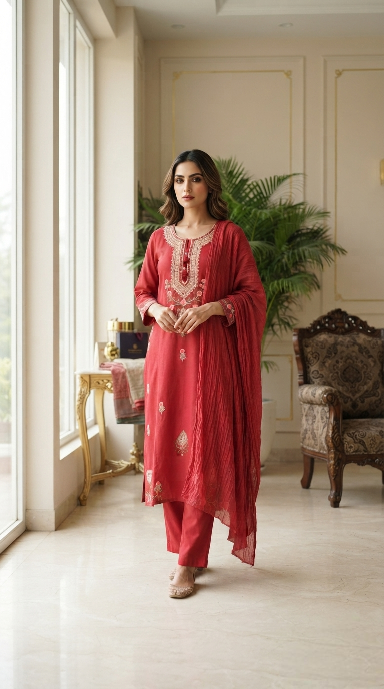 Women Pink Embroidered Khadi Cotton Kurta Pant Dupatta
