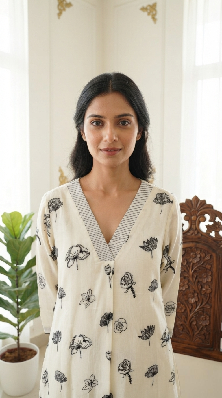 Women Cream Embroidered Mul Cotton Kurta Pant Dupatta