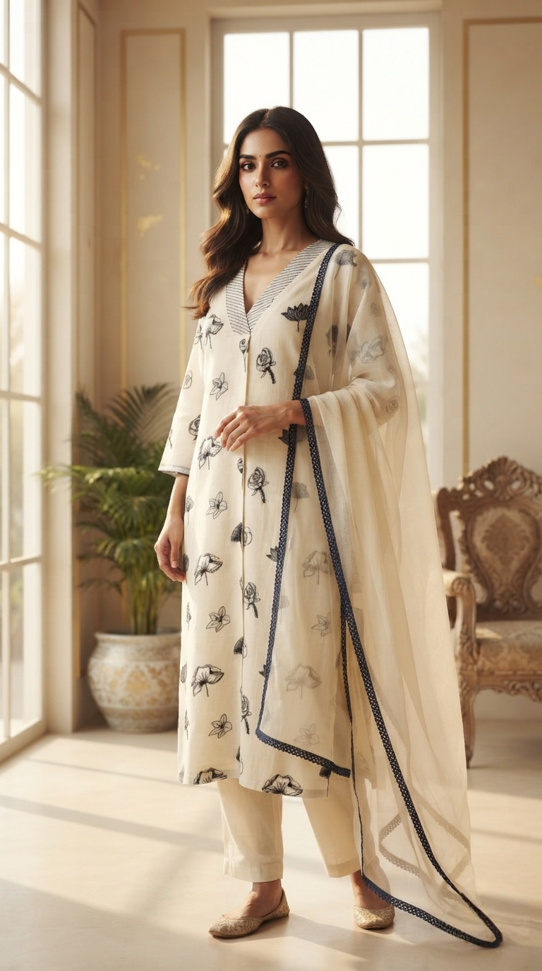 Women Cream Embroidered Mul Cotton Kurta Pant Dupatta