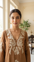 Women Brown Embroidered Cotton Kurta Pant Dupatta