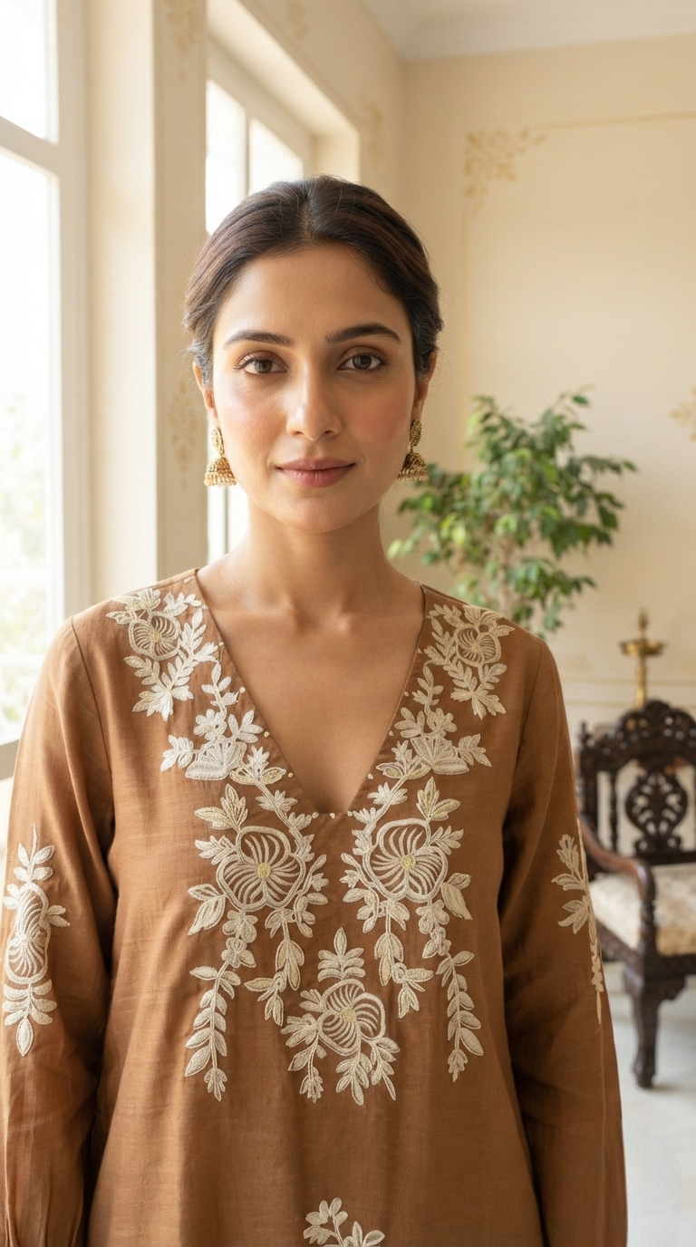Women Brown Embroidered Cotton Kurta Pant Dupatta