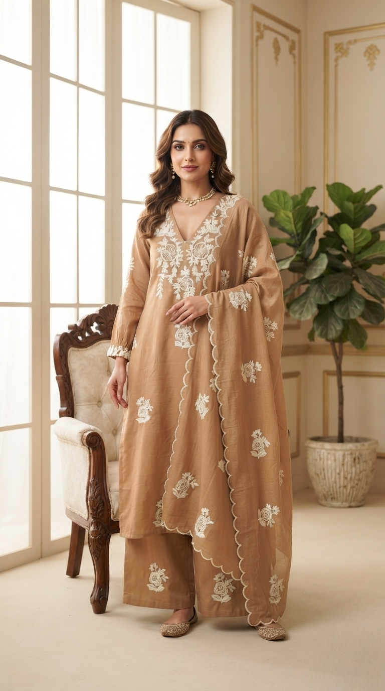Women Brown Embroidered Cotton Kurta Pant Dupatta