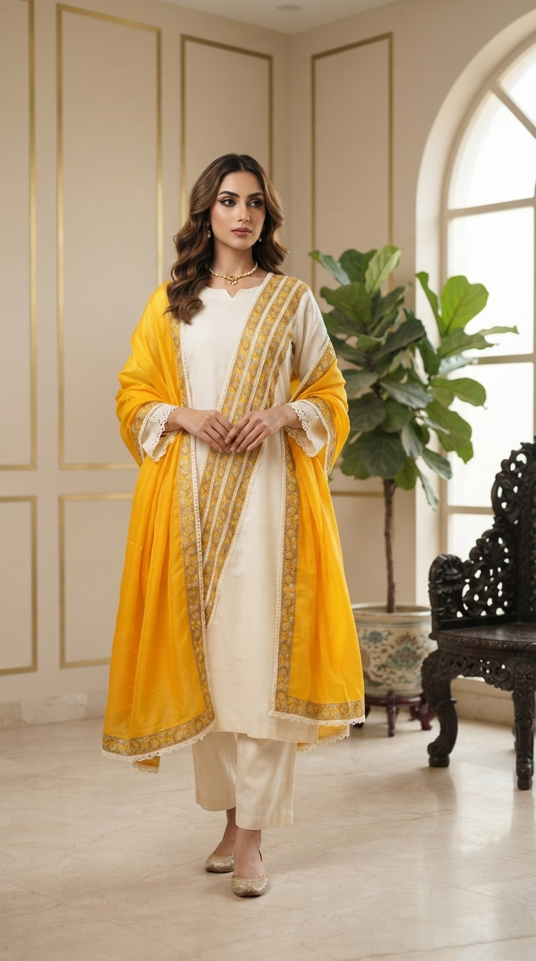 Women Yellow Printed Cotton Kurta Pant Dupatta