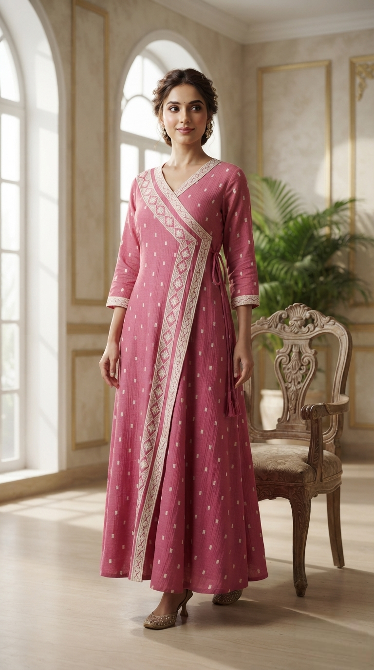 Women Pink Embroidered Cotton Kurta Only