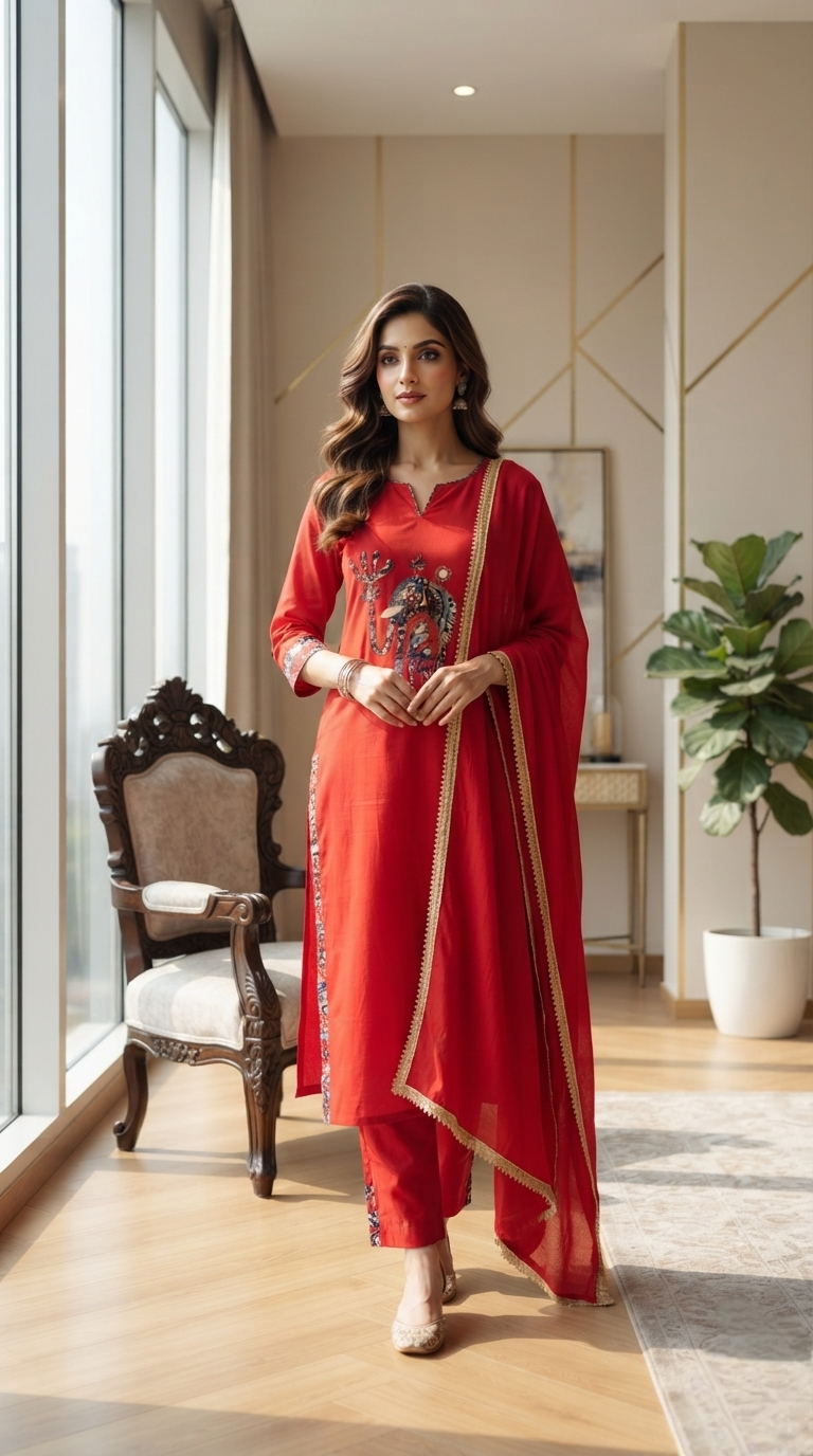 Women Orange Embroidered Cotton Kurta Pant Dupatta