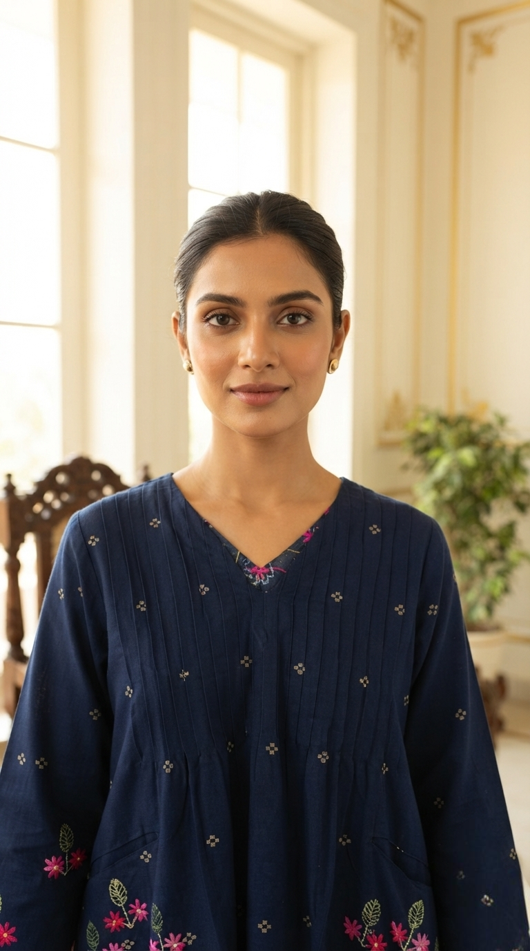 Women Blue Embroidered Cotton Kurta Pant Dupatta