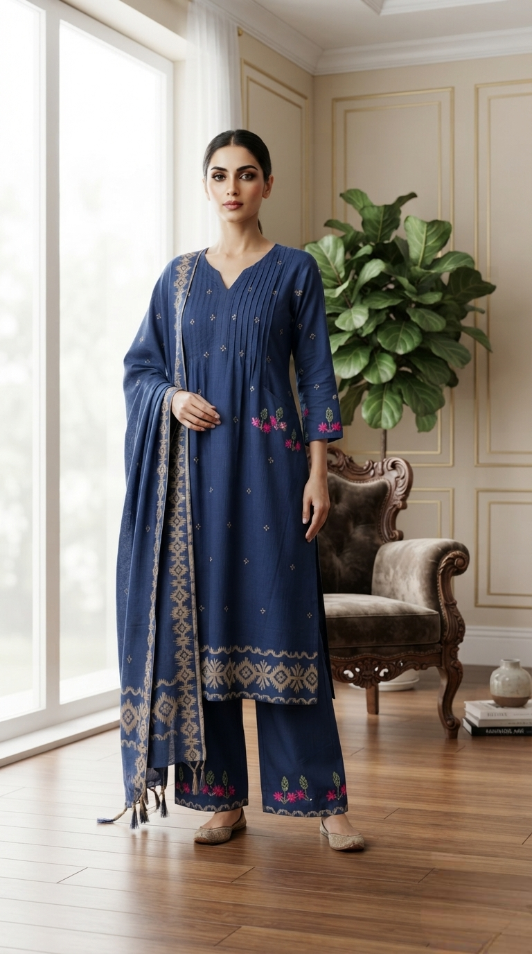 Women Blue Embroidered Cotton Kurta Pant Dupatta