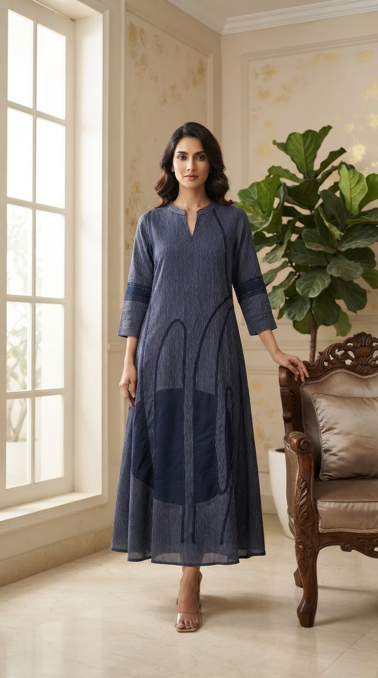 Women Blue Stripes Cotton Dress