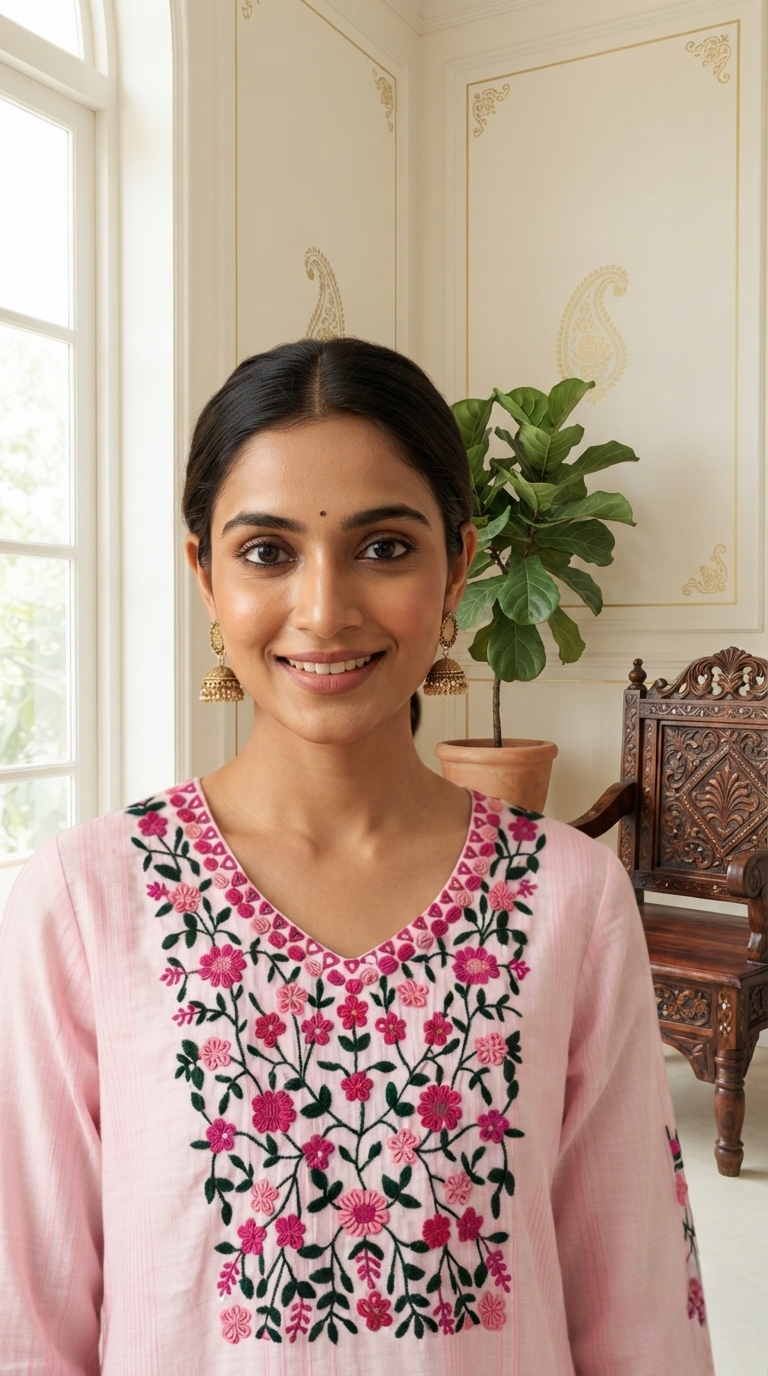 Women Pink Embroidered Cotton Kurta Pant Dupatta