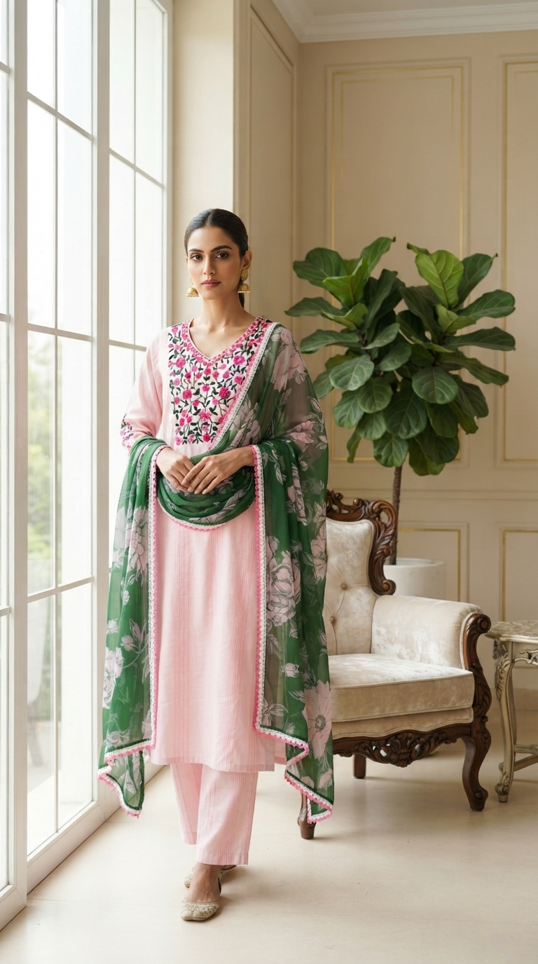 Women Pink Embroidered Cotton Kurta Pant Dupatta