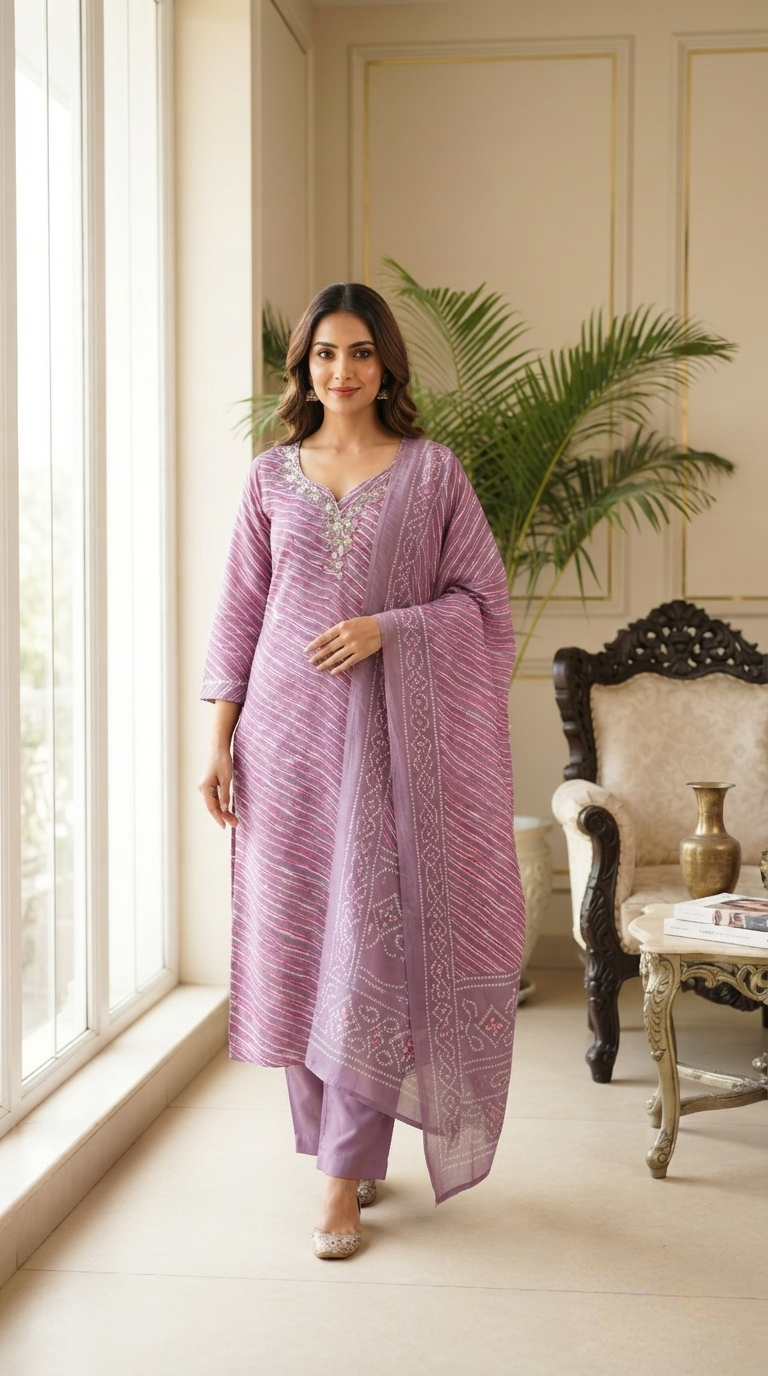 Women Lavender Zari Cotton Kurta Pant Dupatta