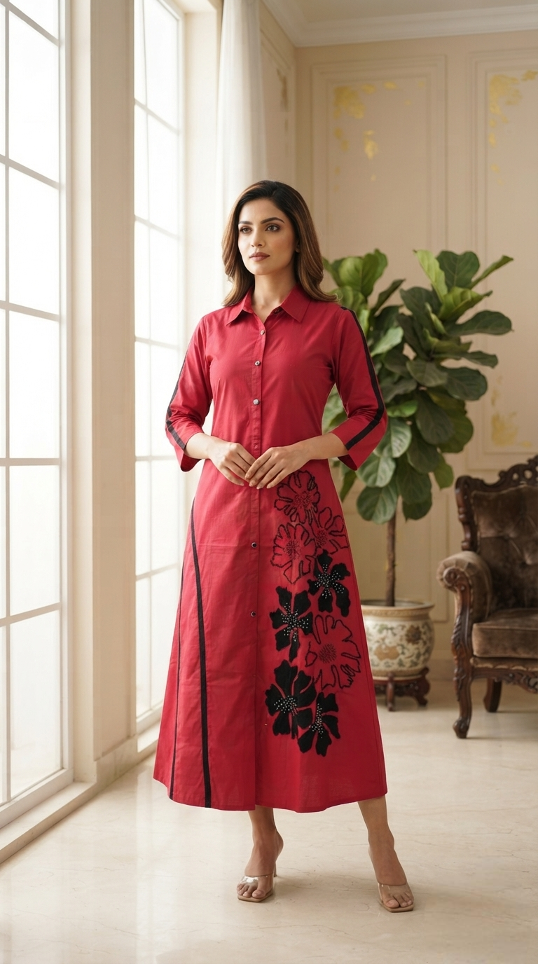 Women Maroon Embroidered Cotton Long Dress