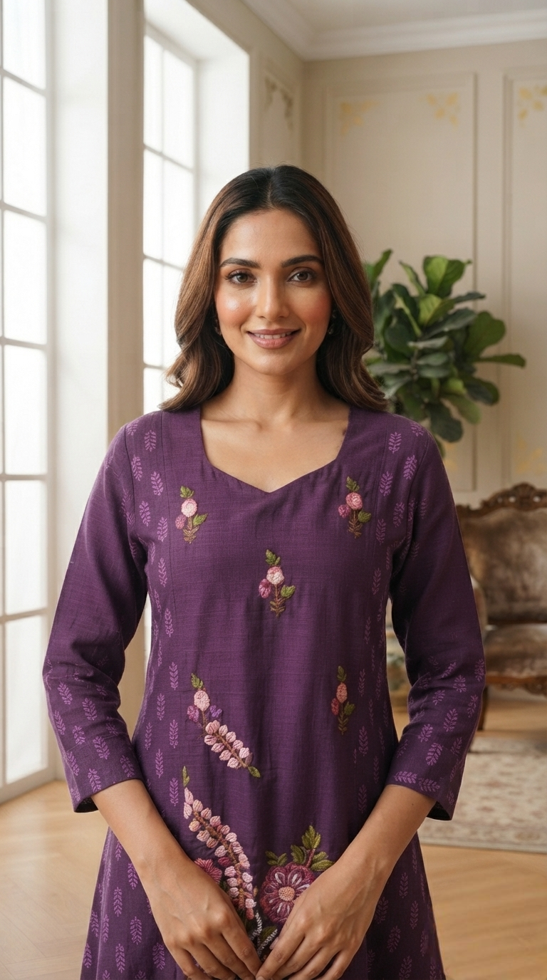 Women Purple Embroidered Cotton Dress