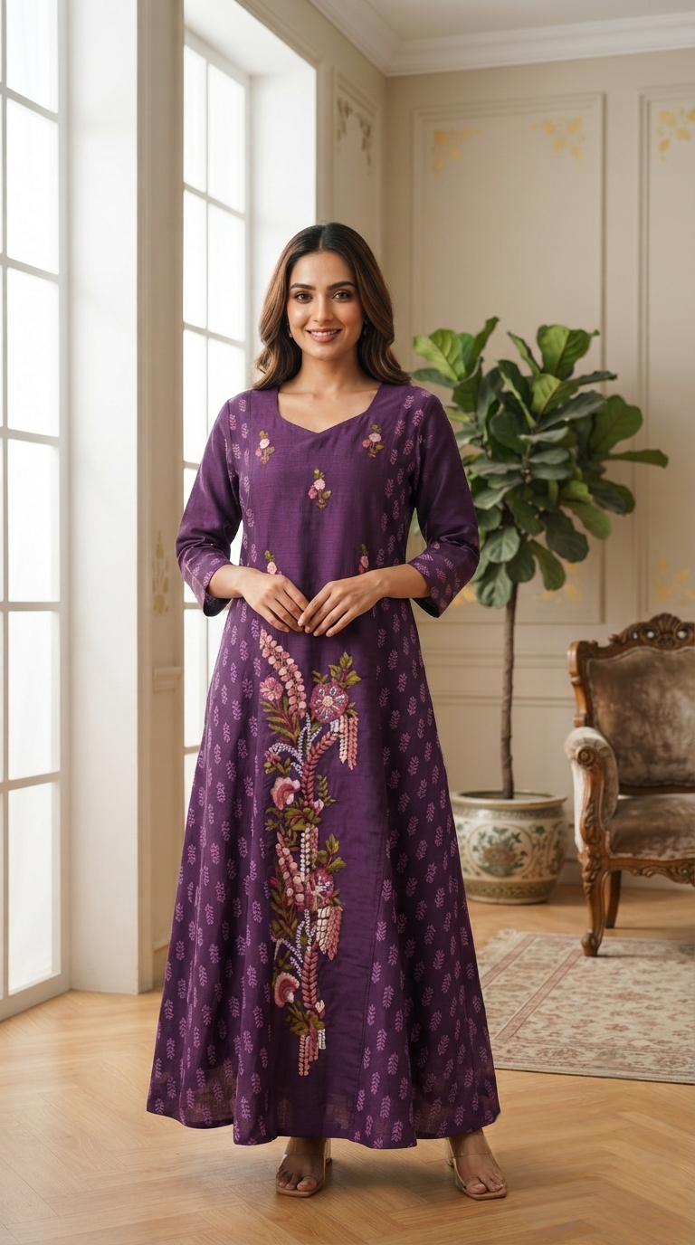 Women Purple Embroidered Cotton Dress