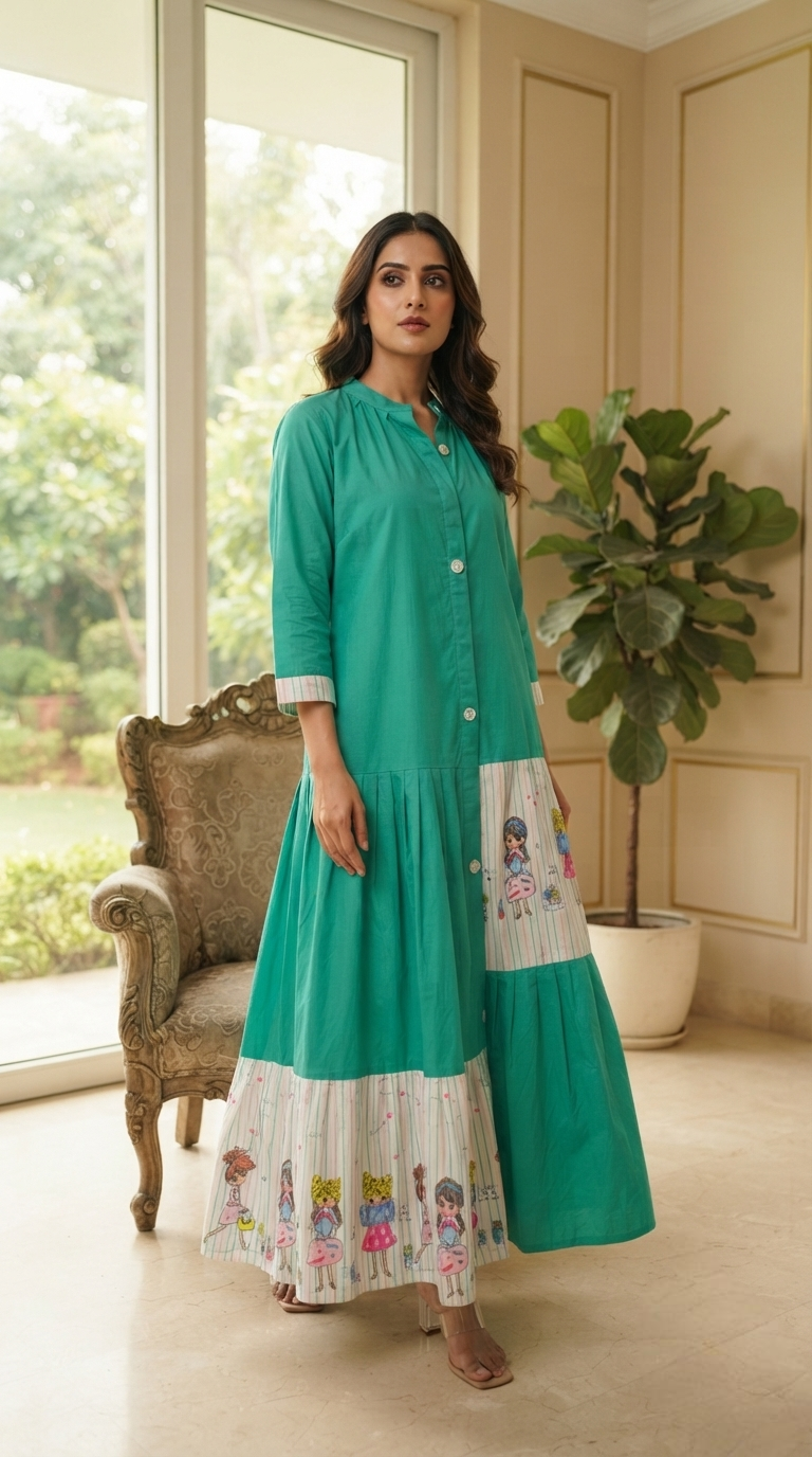 Women Green Printed Cotton Dress