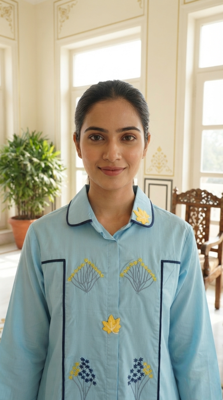 Women Sky Blue Embroidered Cotton Dress