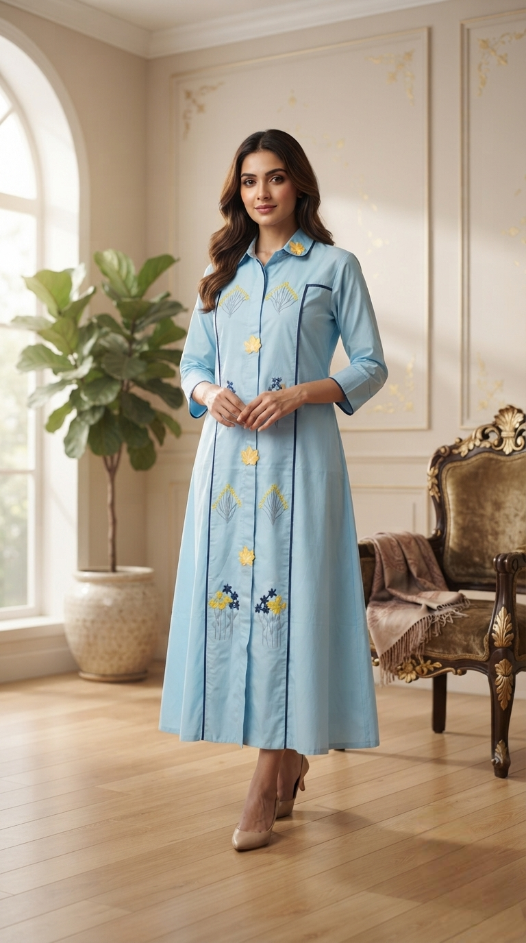 Women Sky Blue Embroidered Cotton Dress