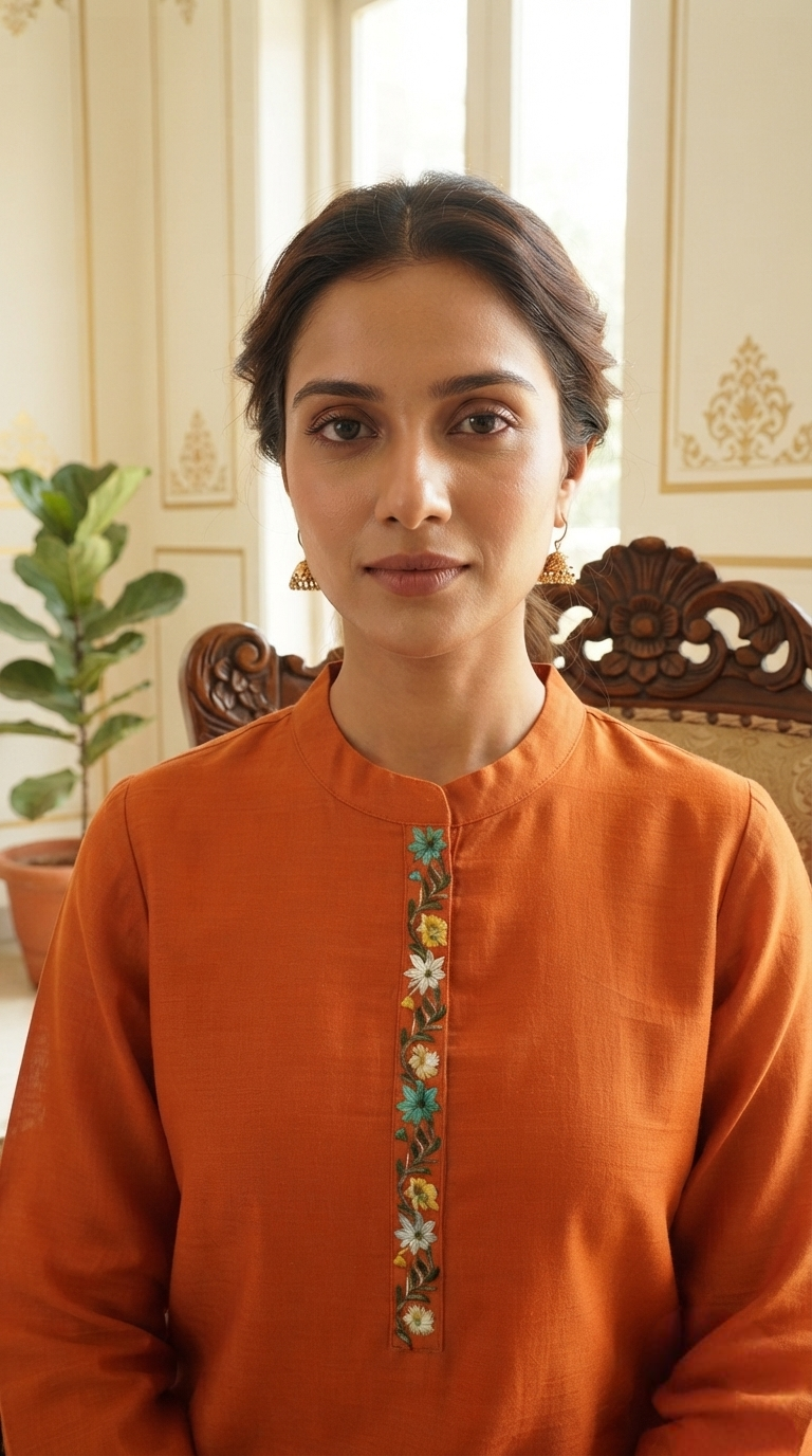 Women Orange Embroidered Mul Chanderi Kurta Pant Dupatta