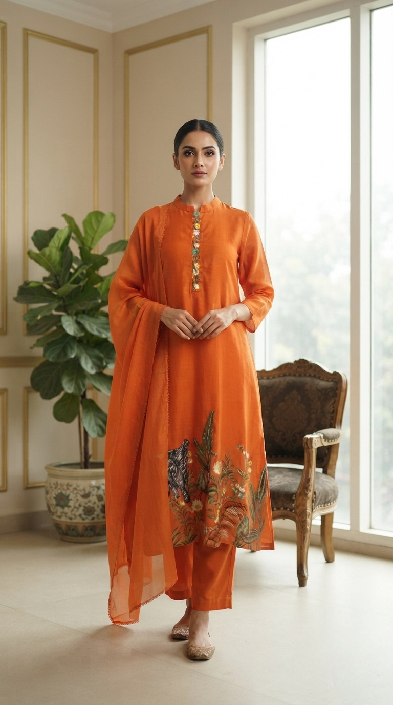Women Orange Embroidered Mul Chanderi Kurta Pant Dupatta