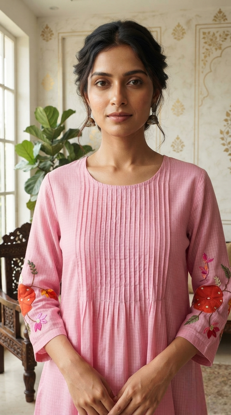 Women Pink Embroidered Cotton Long Dress