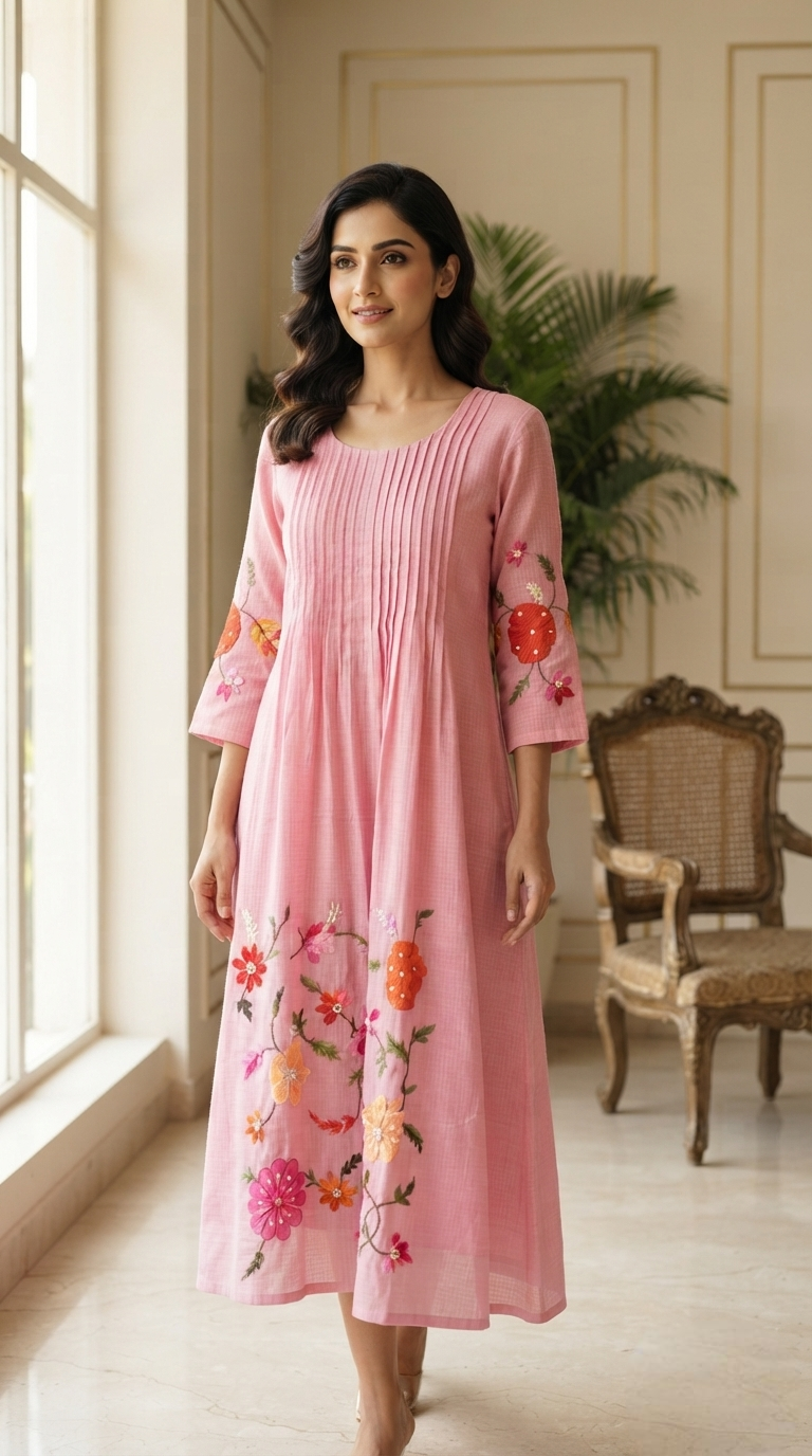 Women Pink Embroidered Cotton Long Dress