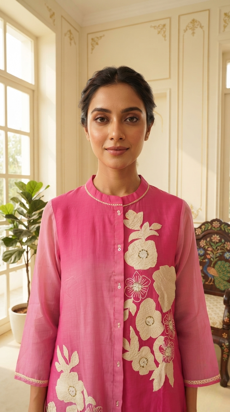 Women Pink Embroidered Chanderi Cordset