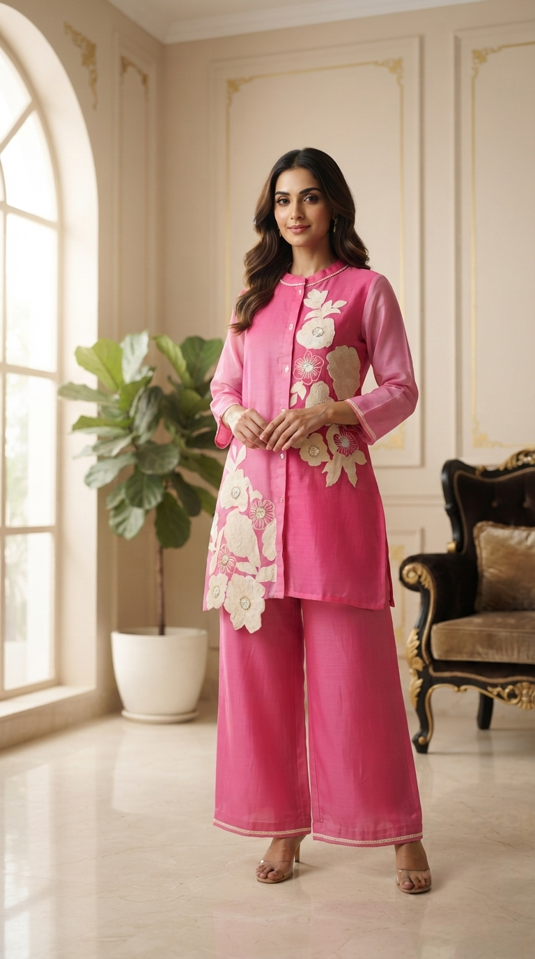 Women Pink Embroidered Chanderi Cordset