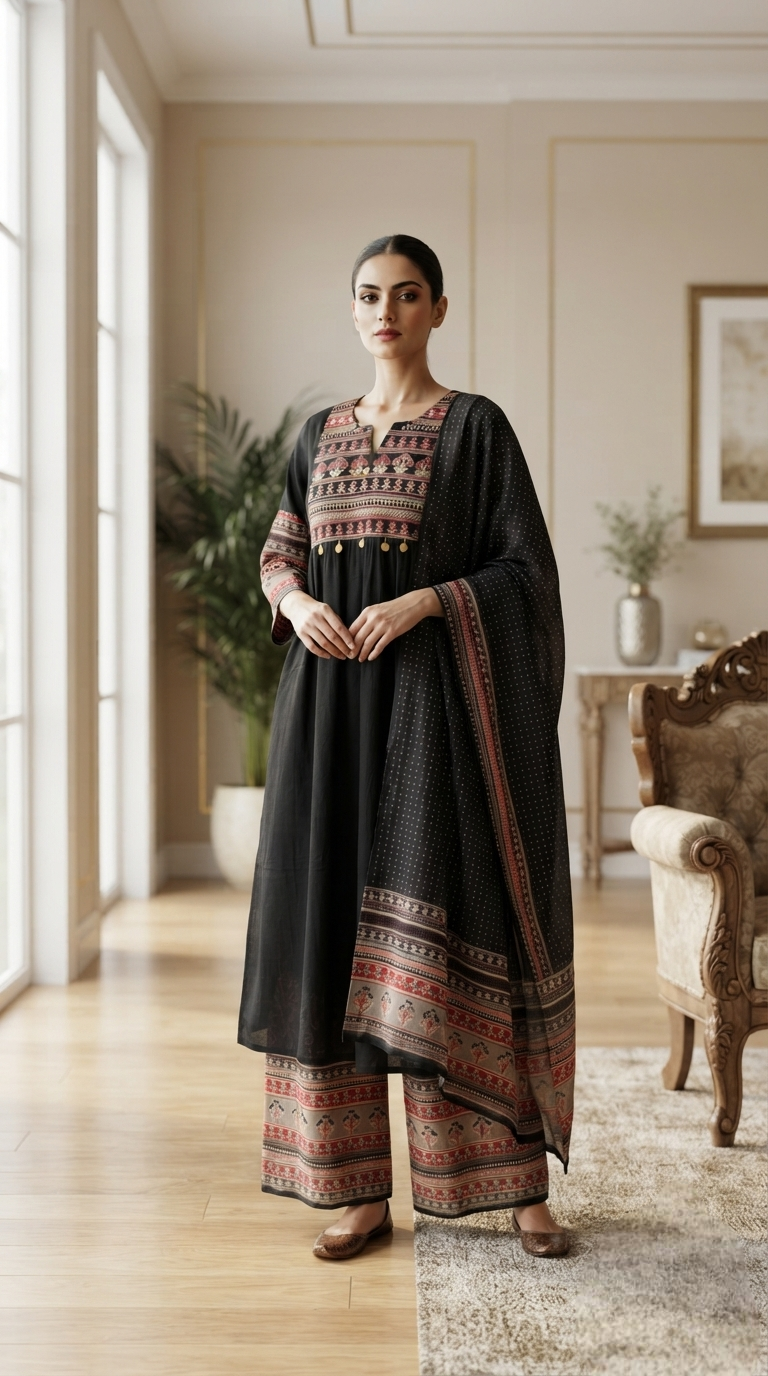 Women Black Embroidered Cotton Kurta Pant Dupatta