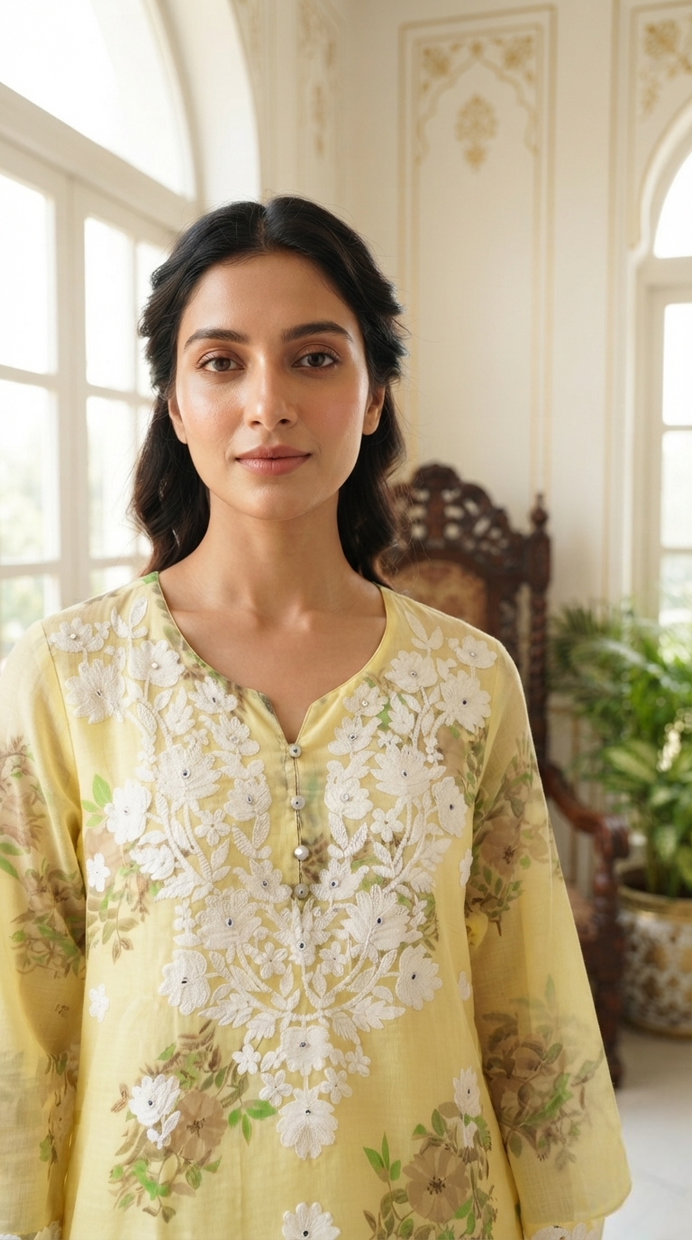 Women Yellow Chikankari Mul Cotton Kurta Pant Dupatta