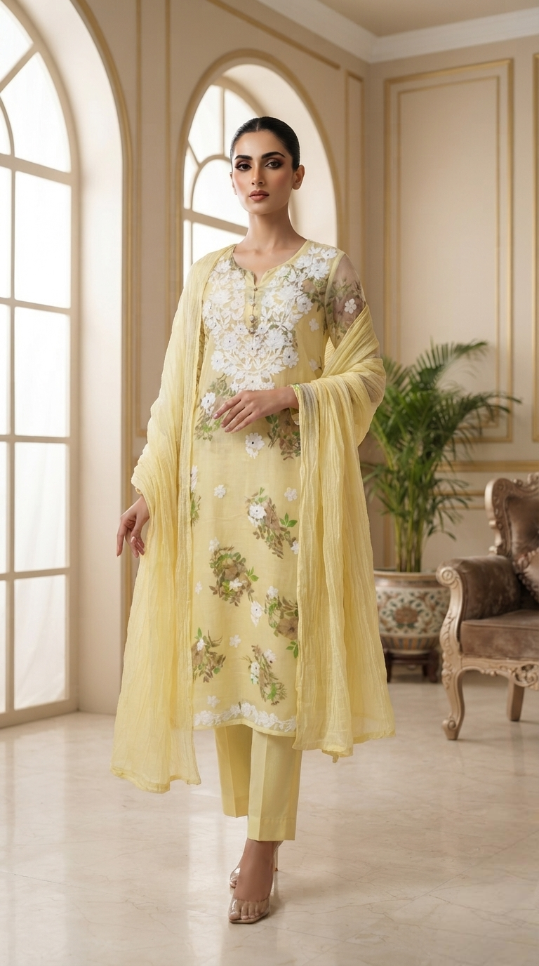 Women Yellow Chikankari Mul Cotton Kurta Pant Dupatta