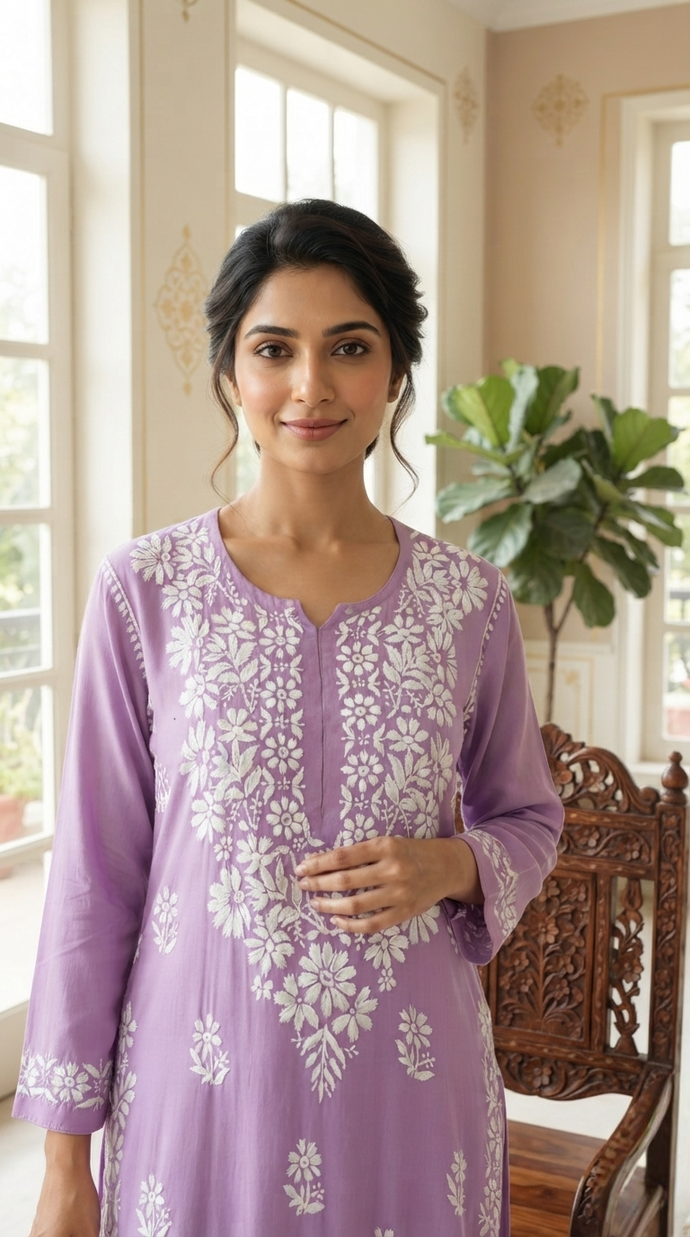 Women Lavender Chikankari Mul Cotton Kurta And Pant