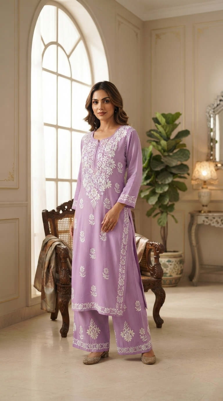 Women Lavender Chikankari Mul Cotton Kurta And Pant