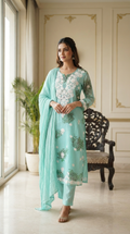 Women Blue Chikankari Mul Cotton Kurta Pant Dupatta