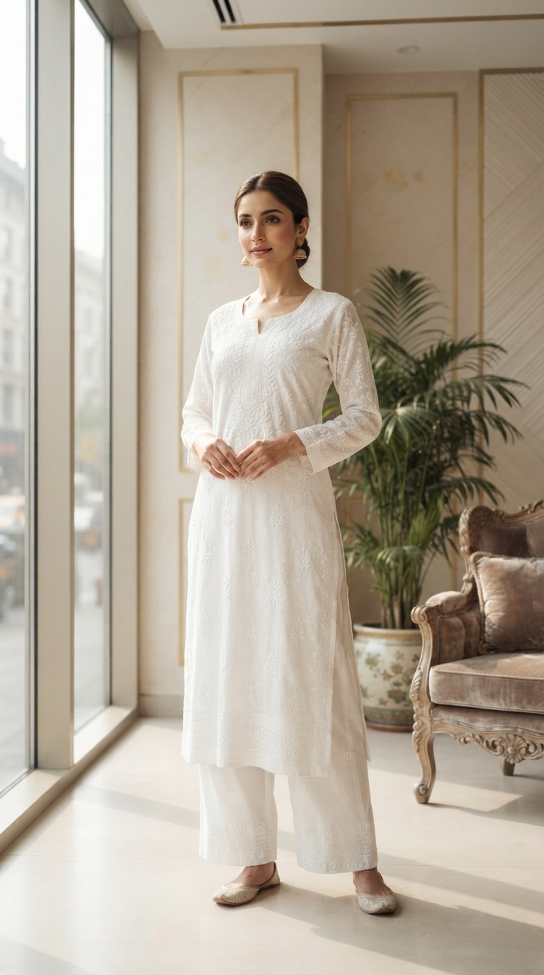 Women White Chikankari Mul Cotton Kurta And Pant