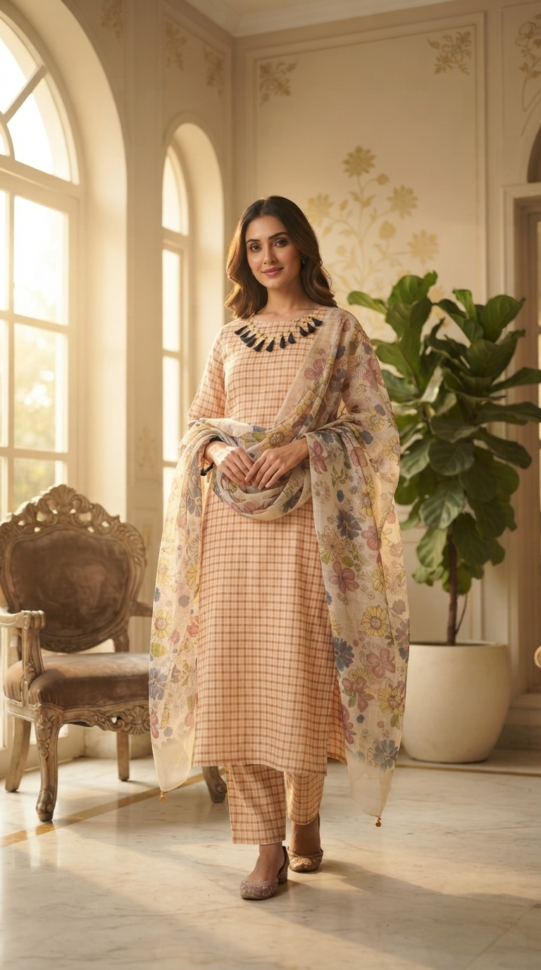 Women Beige Printed Cotton Kurta Pant Dupatta
