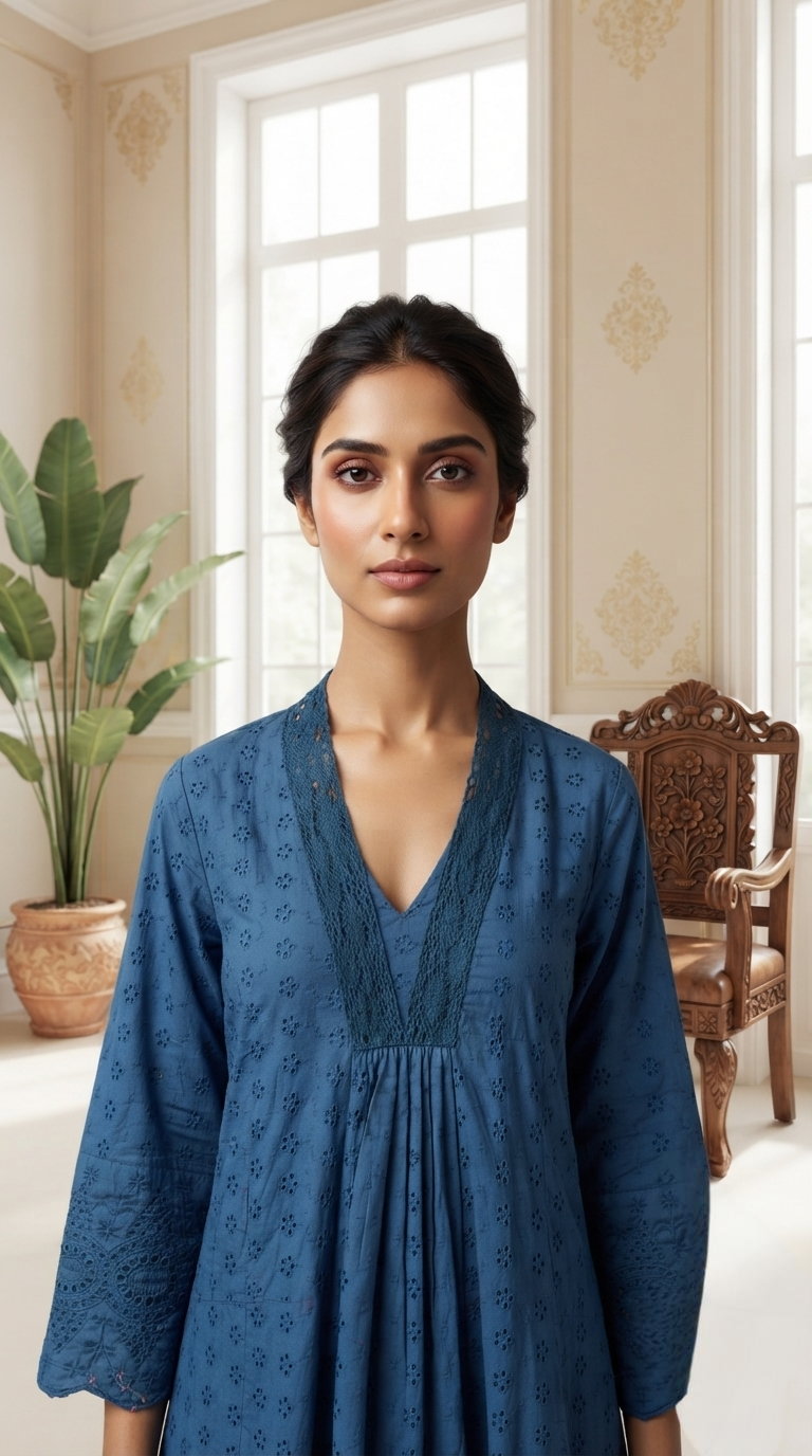 Women Blue Embroidered Shifli Cotton Kurta And Pant