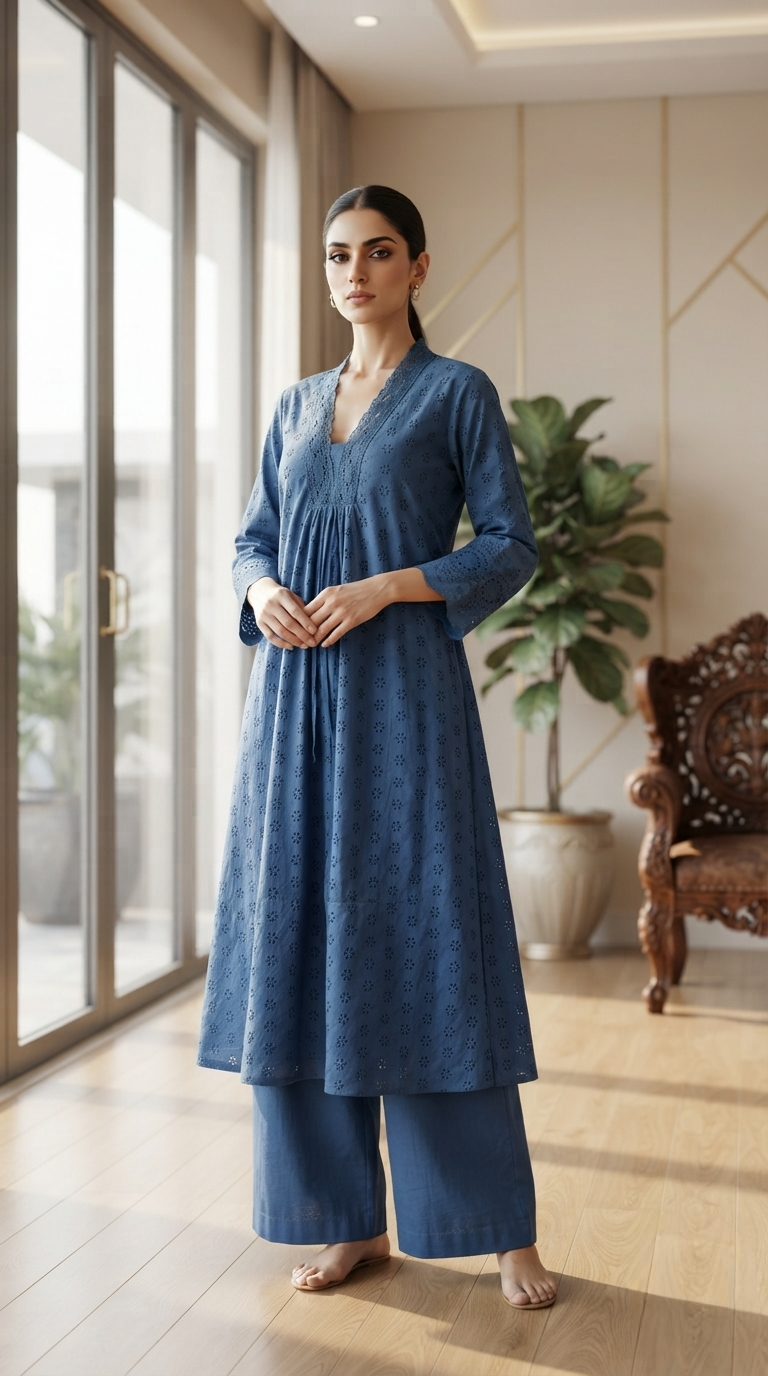 Women Blue Embroidered Shifli Cotton Kurta And Pant