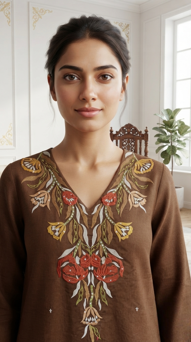 Women Brown Embroidered Cotton Kurta Pant Dupatta