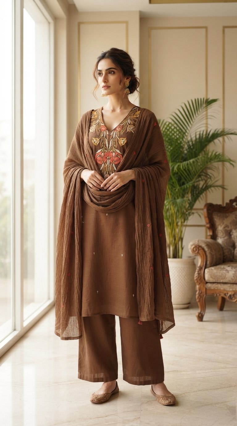 Women Brown Embroidered Cotton Kurta Pant Dupatta