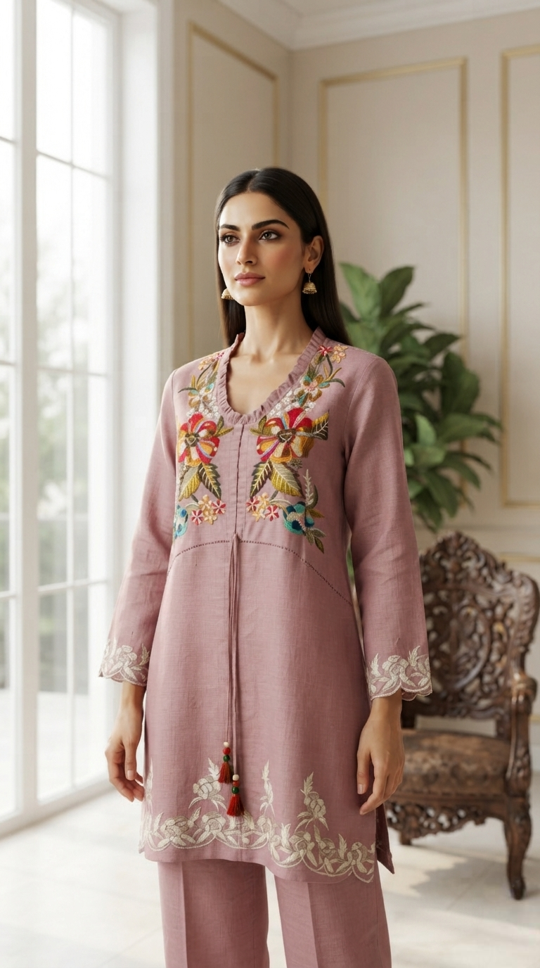 Women Purple Embroidered Cotton Cordset