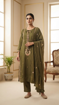 Women Green Embroidered Cotton Kurta Pant Dupatta