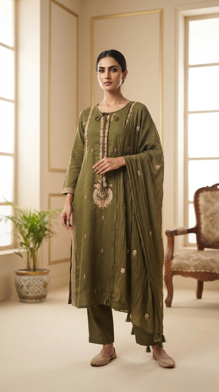 Women Green Embroidered Cotton Kurta Pant Dupatta