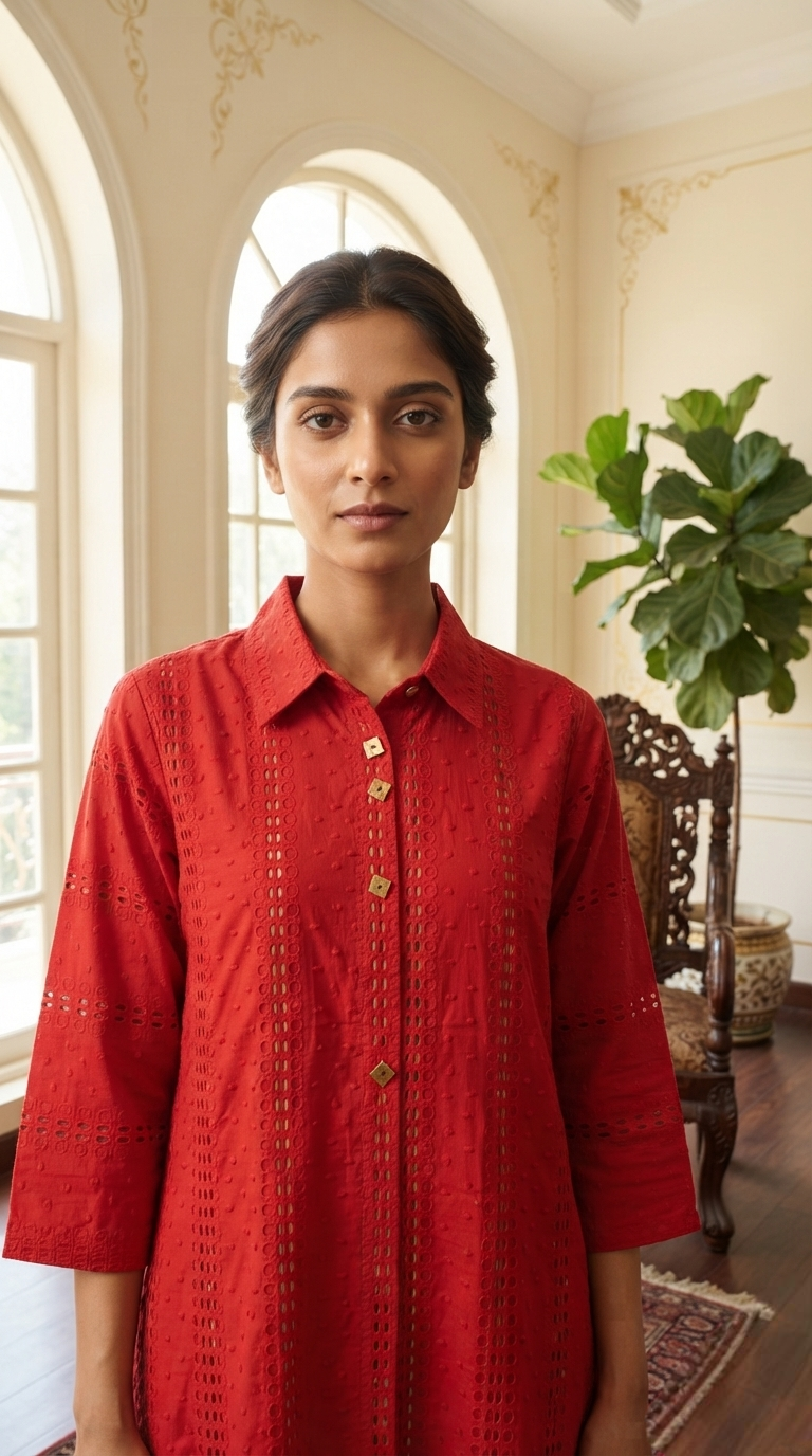 Women Red Embroidered Cotton Kurta Only