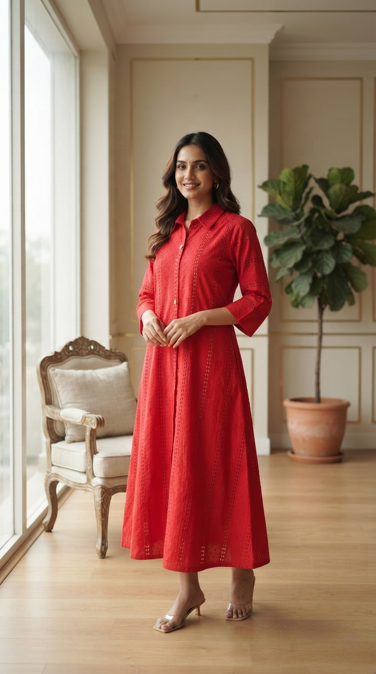 Women Red Embroidered Cotton Kurta Only