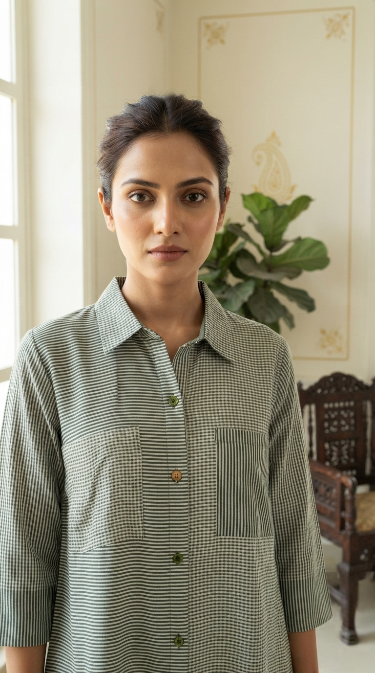 Women Green Stripes Cotton Kurta Only