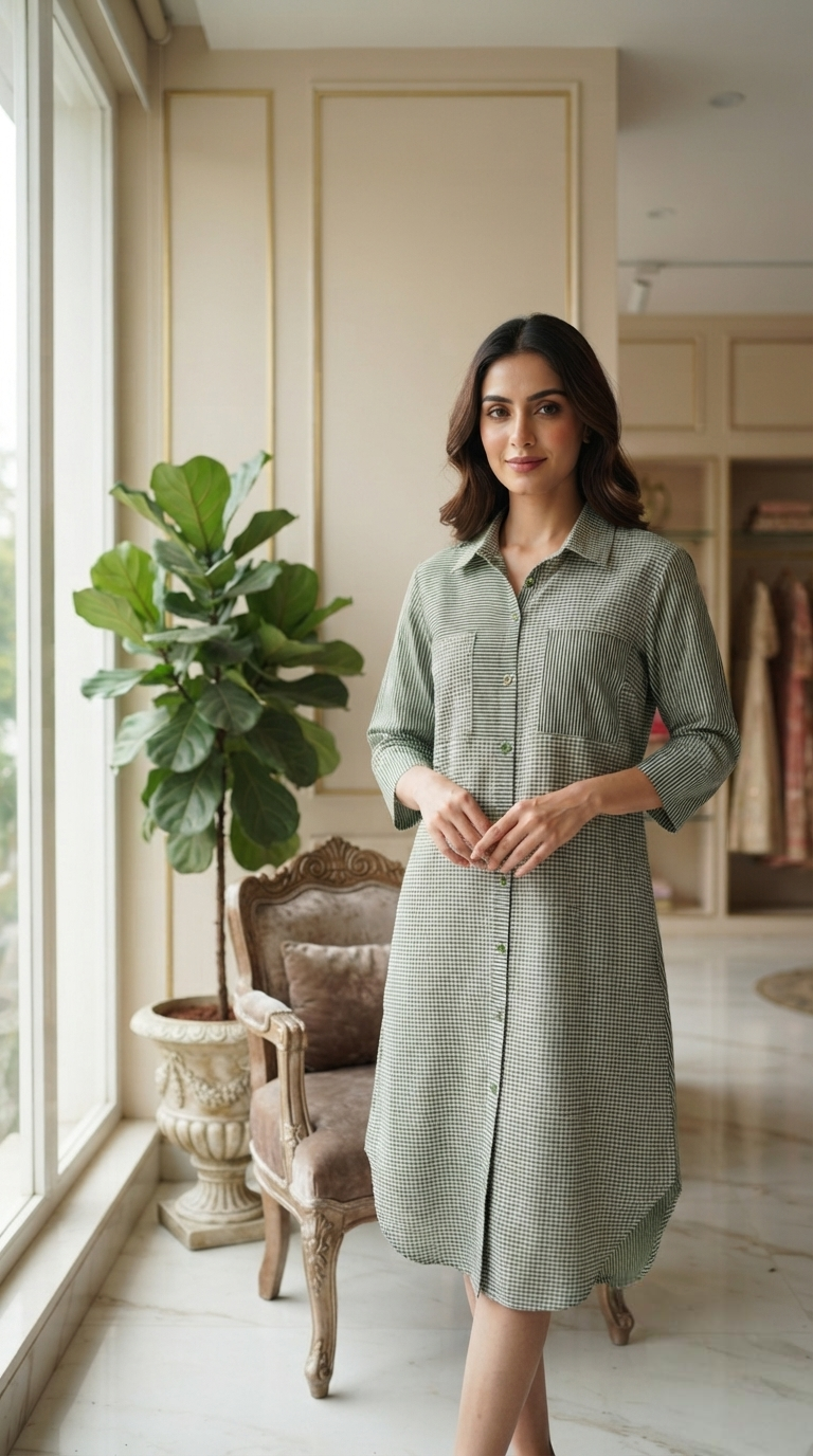 Women Green Stripes Cotton Kurta Only