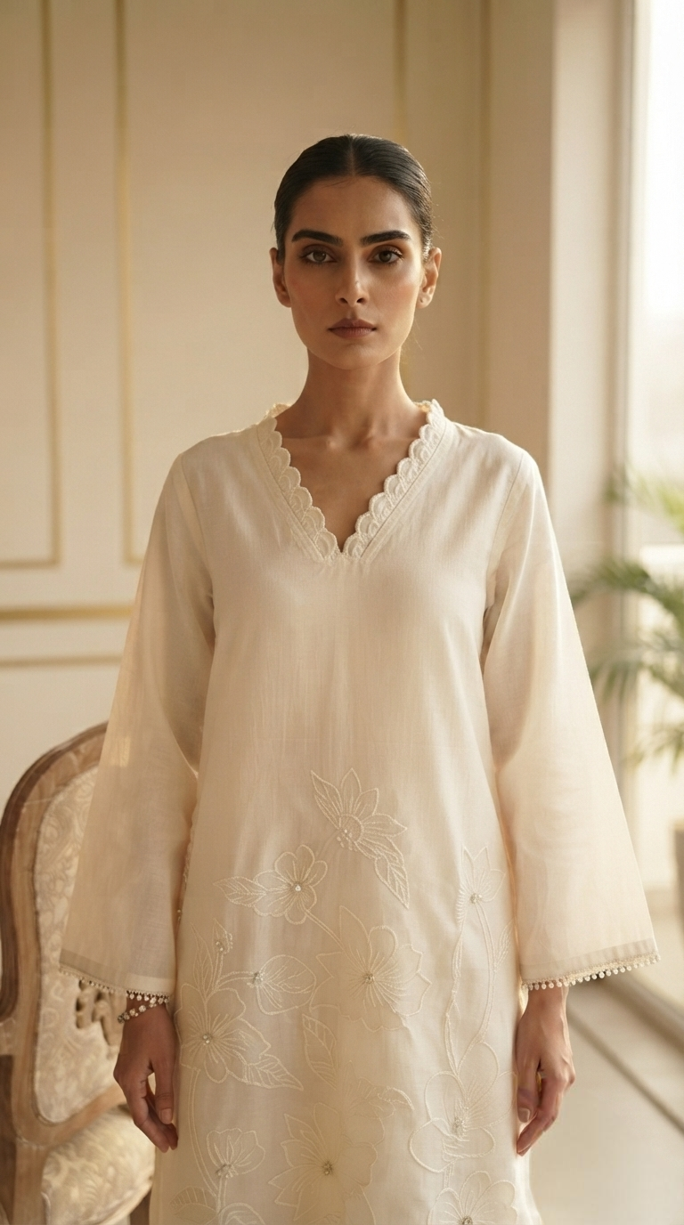Women Cream Embroidered Cotton Kurta Pant