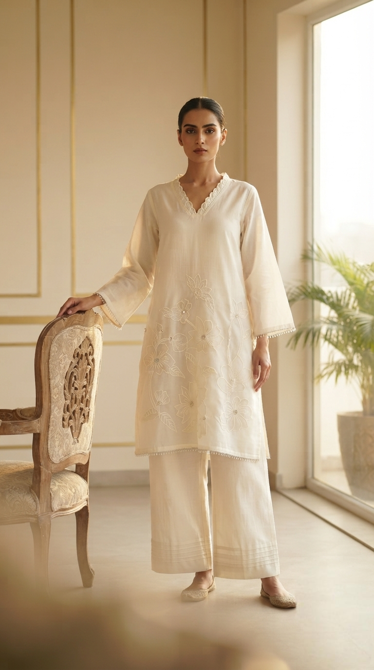 Women Cream Embroidered Cotton Kurta Pant
